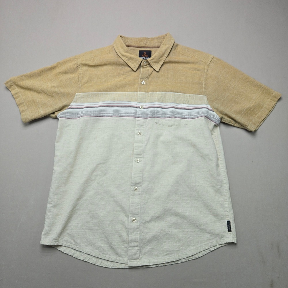 Prana Shirt Breathe Button Down Striped Color Block Tan Cream Mens Size LRG L